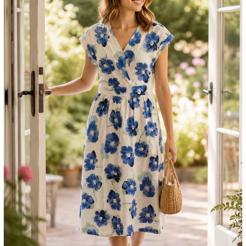 Vinton Womens Blue Floral Cottagecore Cotton Midi Dress Size S Fit Flare NWOT